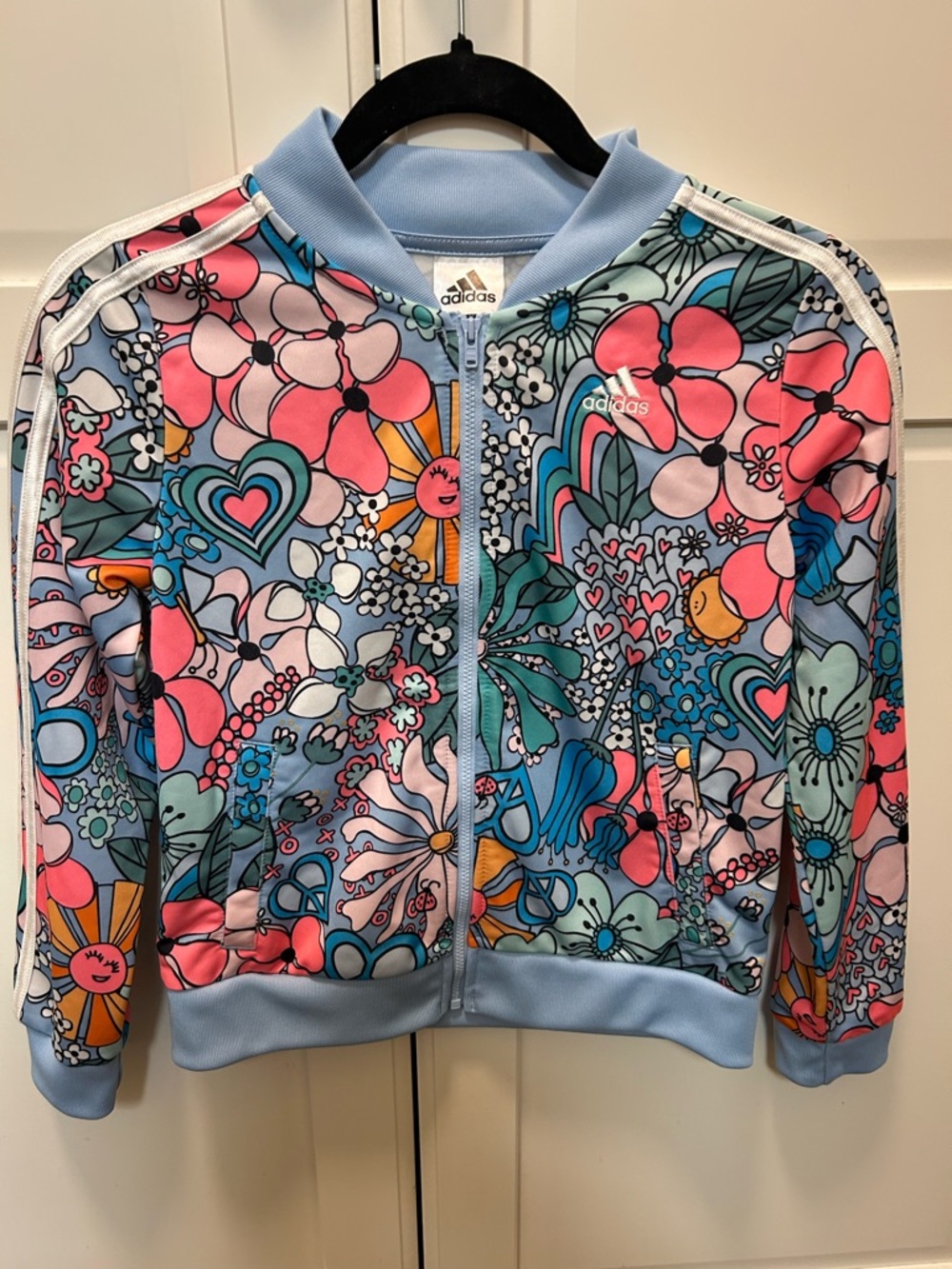 adidas Pastel Floral Heart-Print Track Jacket in Light Blue & Pink